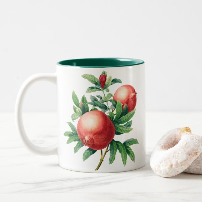 Pomegranate Fruit with Green Leaves  Two-Tone Coffee Mug (With Donut)
