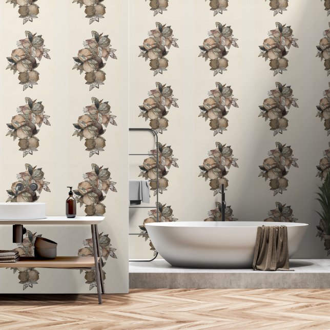 Pomegranate Fruits and Blossoms Green Gold Wallpaper (Bathroom)