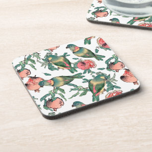 Pomegranate Fruits & Lovebirds Pattern Beverage Coaster