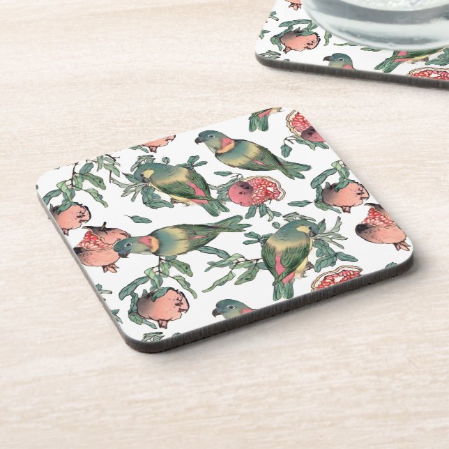 Pomegranate Fruits & Lovebirds Pattern Beverage Coaster (Left Side)