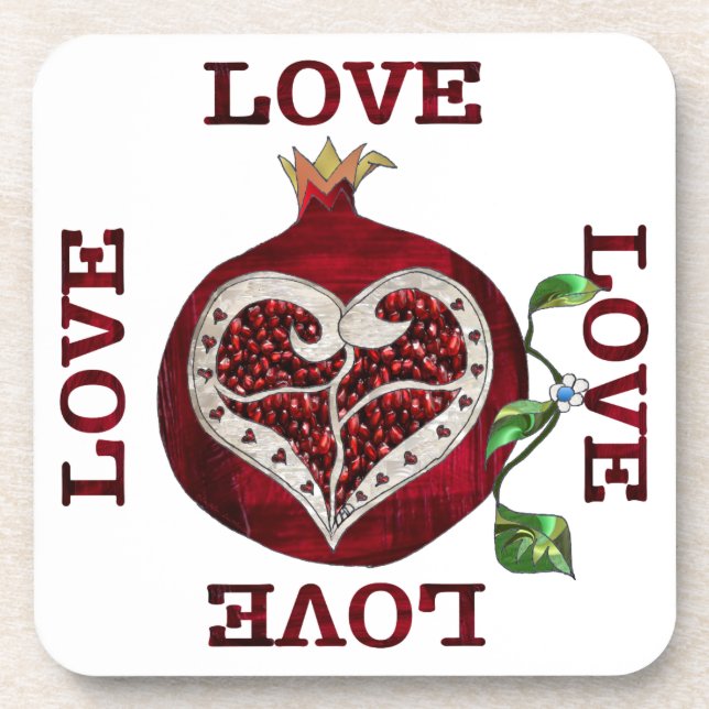 Pomegranate Heart LOVE Valentine Beverage Coaster (Front)