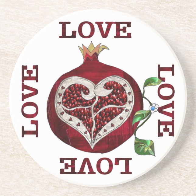 Pomegranate Heart LOVE Valentine Sandstone Coaster (Front)