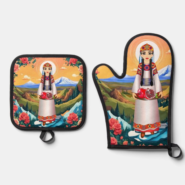  Pomegranate Lady Oven Mitt and Pot Holders Oven Mitt & Pot Holder Set (Front)