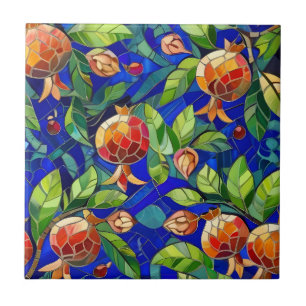 Pomegranate Pattern Dark Blue and Red Fruit Mosaic Ceramic Tile
