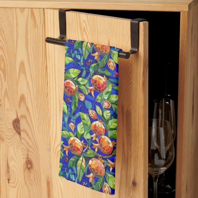 Pomegranate Pattern Dark Blue and Red Fruit Mosaic Kitchen Towel (Thirds Fold)