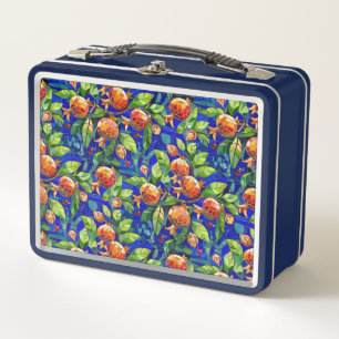 Pomegranate Pattern Dark Blue and Red Fruit Mosaic Metal Lunch Box