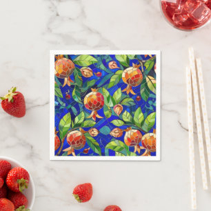 Pomegranate Pattern Dark Blue and Red Fruit Mosaic Napkins