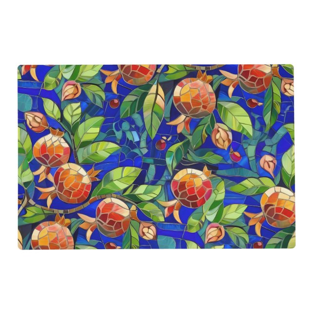 Pomegranate Pattern Dark Blue and Red Fruit Mosaic Placemat (Front)