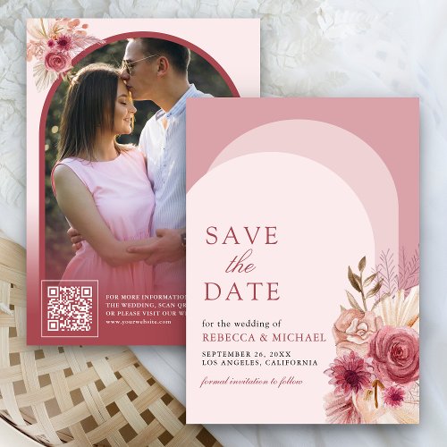 Pomegranate Pink Floral Pampas Arch Photo QR Code Save The Date