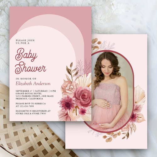 Pomegranate Pink Floral Pampas Photo Baby Shower Invitation