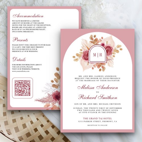 Pomegranate Pink Floral Pampas QR Code Wedding Invitation