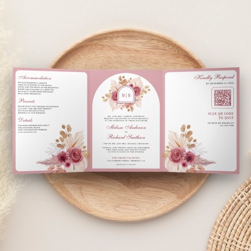Pomegranate Pink Floral Pampas QR Code Wedding Tri_Fold Invitation