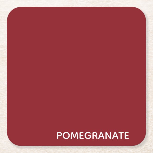 Pomegranate red color name square paper coaster (Front)