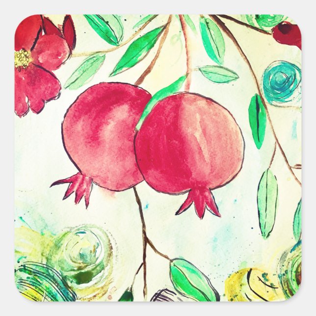 Pomegranate red fruit Watercolor Vintage Square Sticker (Front)
