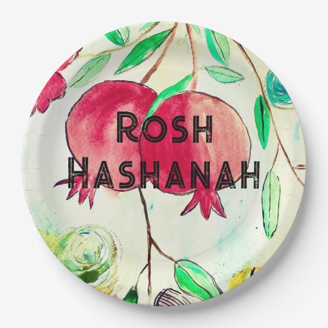 Pomegranate Rosh Hashanah Fruit Shana Tova Paper Plates (Front)