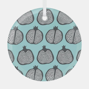 Pomegranate Slices: Black Aqua Pattern. Glass Ornament