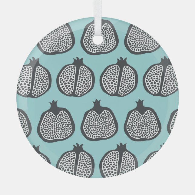 Pomegranate Slices: Black Aqua Pattern. Glass Ornament (Front)