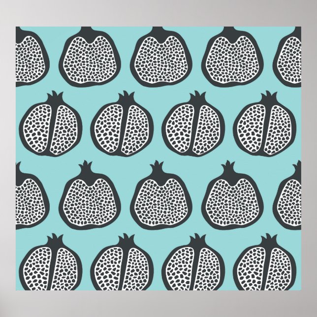 Pomegranate Slices: Black Aqua Pattern. Poster (Front)