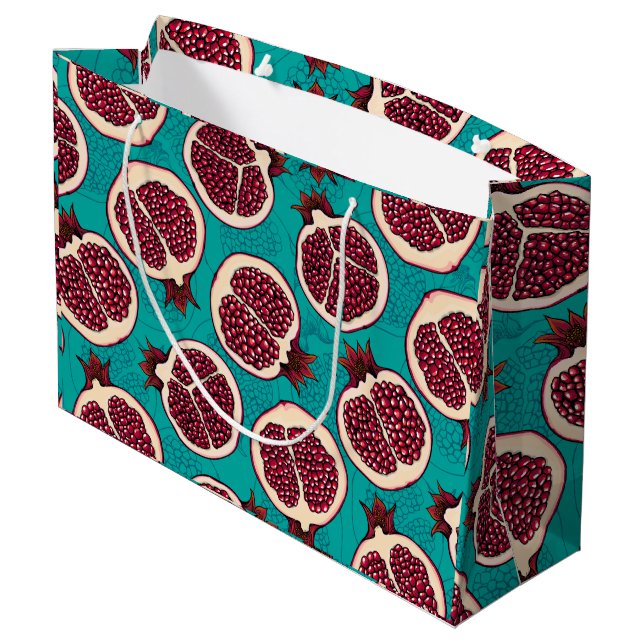 Pomegranate slices on turquoise large gift bag (Back Angled)