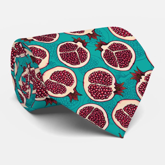 Pomegranate slices on turquoise neck tie (Rolled)