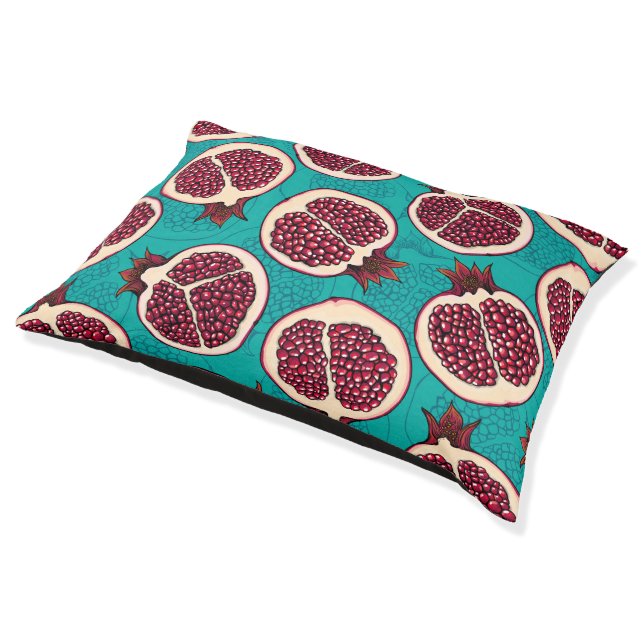 Pomegranate slices on turquoise pet bed (Angled)