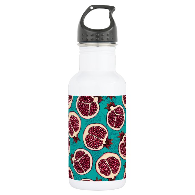 Pomegranate slices on turquoise stainless steel water bottle (Front)