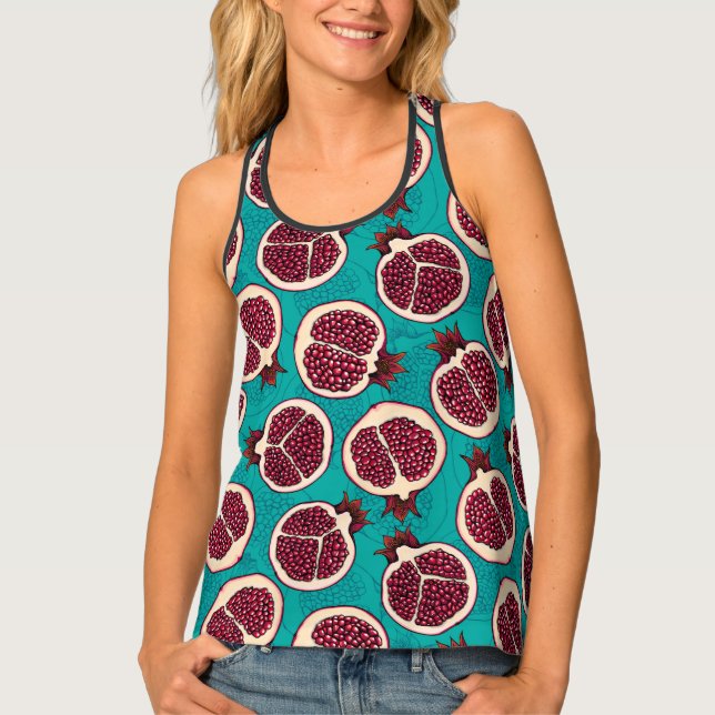 Pomegranate slices on turquoise tank top (Front)