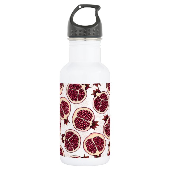 Pomegranate slices on white stainless steel water bottle (Front)