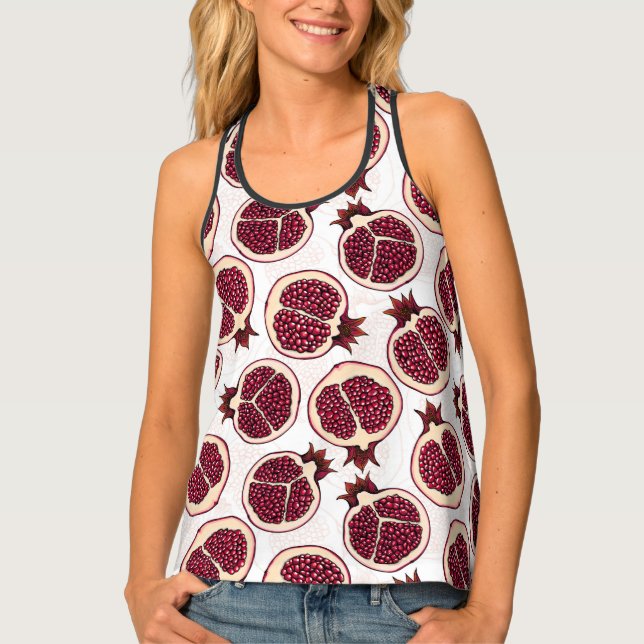 Pomegranate slices on white tank top (Front)