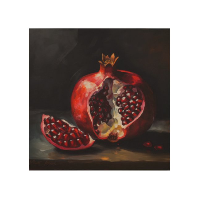 Pomegranate | Still Life | Oil Painting Style Wood Wall Art (Front)