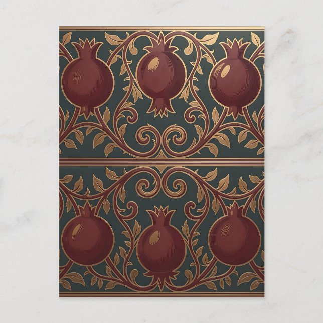 Pomegranate Vine Pattern Dark Green Gold Ornate Postcard (Front)