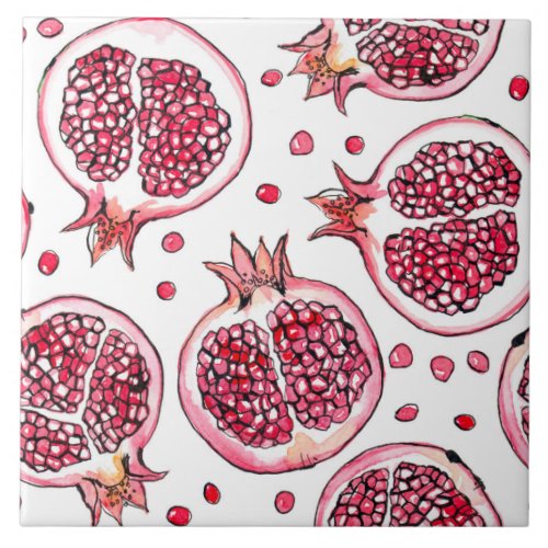 Pomegranate watercolor and ink pattern ceramic tile