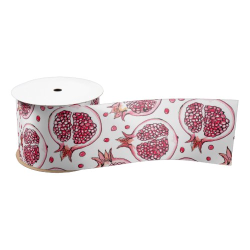 Pomegranate watercolor and ink pattern satin ribbon