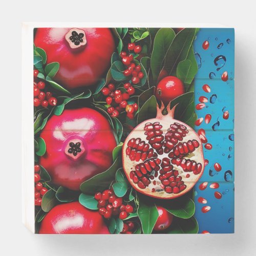 Pomegranate with Blue Background Wooden Box Sign