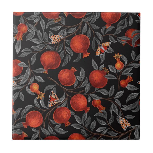 Pomegranates and Bella Moths in red and gray Ceramic Tile (Front)