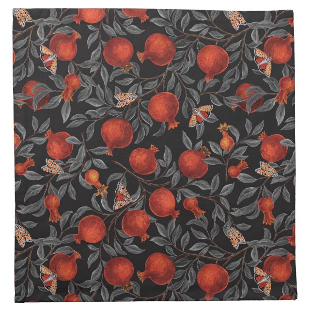Pomegranates and Bella Moths in red and gray Cloth Napkin (Front)