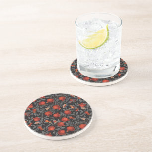 Pomegranates and Bella Moths in red and gray Coaster