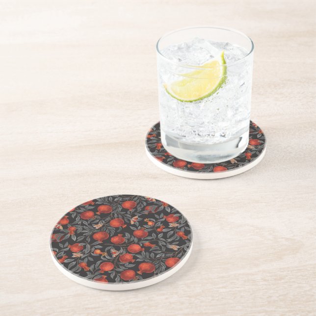 Pomegranates and Bella Moths in red and gray Coaster (Side)