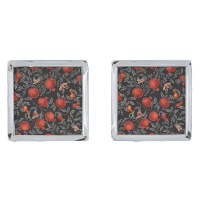 Pomegranates and Bella Moths in red and gray Cufflinks (Front)