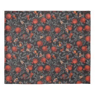 Pomegranates and Bella Moths in red and gray Duvet Cover