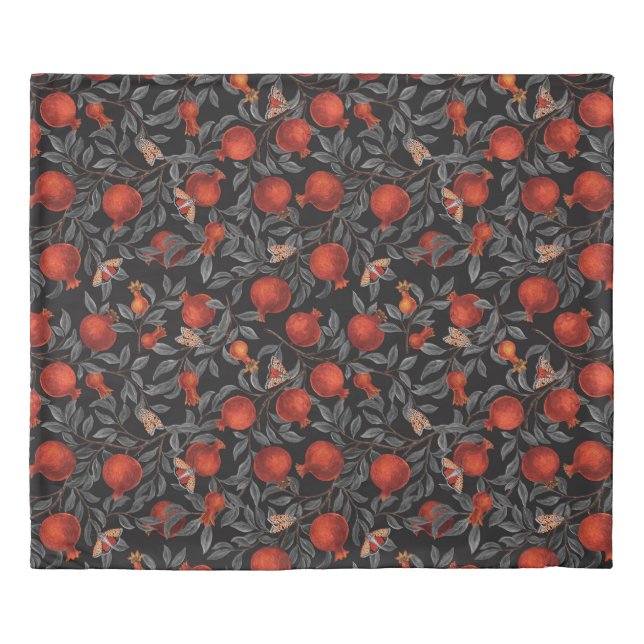 Pomegranates and Bella Moths in red and gray Duvet Cover (Front)