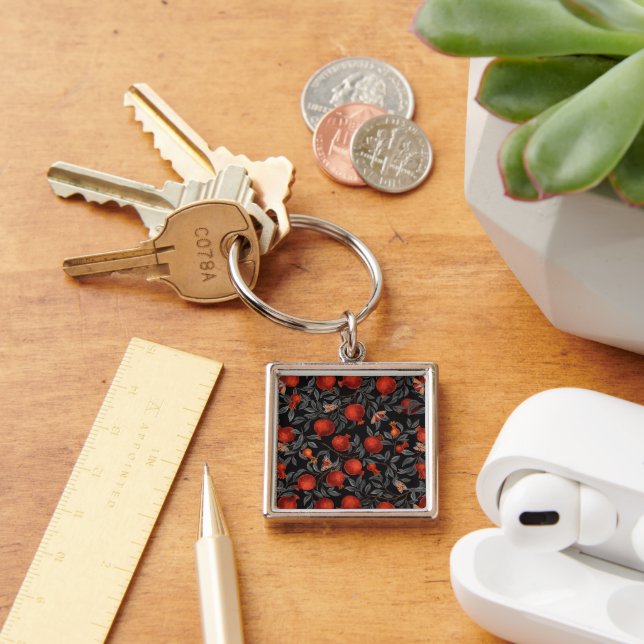 Pomegranates and Bella Moths in red and gray Keychain (Desk)