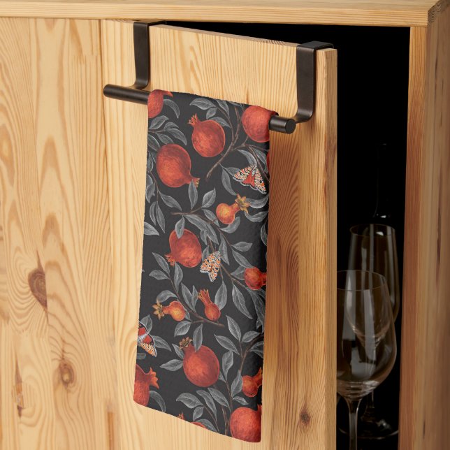 Pomegranates and Bella Moths in red and gray Kitchen Towel (Thirds Fold)
