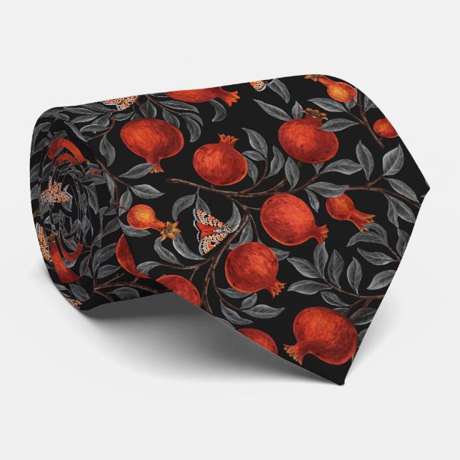 Pomegranates and Bella Moths in red and gray Neck Tie (Rolled)
