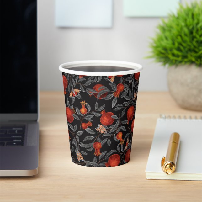 Pomegranates and Bella Moths in red and gray Paper Cups (Insitu)