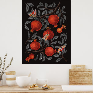 Pomegranates and Bella Moths in red and gray Poster