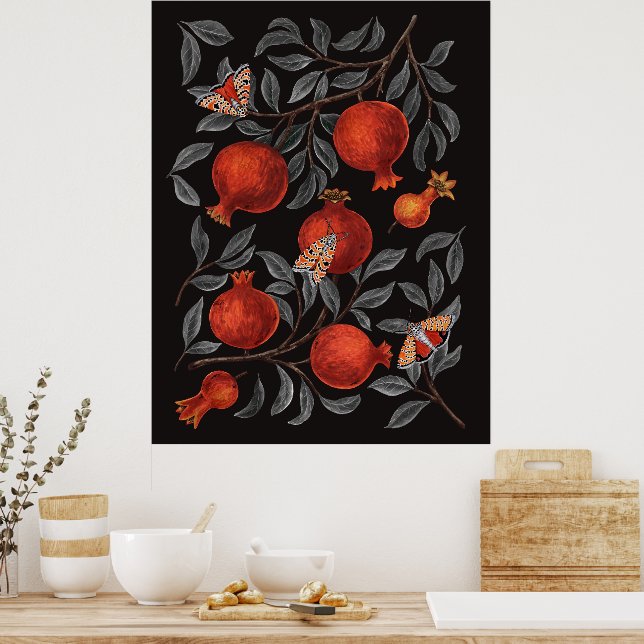 Pomegranates and Bella Moths in red and gray Poster (Kitchen)