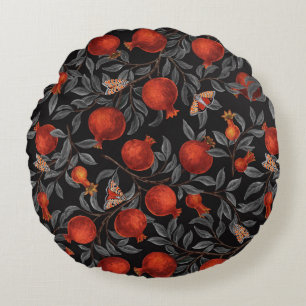 Pomegranates and Bella Moths in red and gray Round Pillow