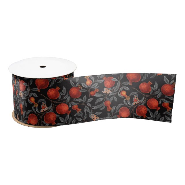 Pomegranates and Bella Moths in red and gray Satin Ribbon (Spool)