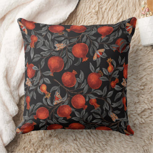 Pomegranates and Bella Moths in red and gray Throw Pillow